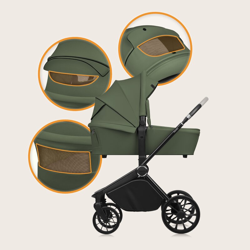 Carucior 3 in 1, Lionelo, Mika Plus, Cadru din aluminiu, Cu landou intarit si salteluta moale, Cu scoica auto testata ADAC, Reversibil, Cu sistem de ventilatie 3D, Cu accesorii, Pana la 22 kg, EN1888-1 EN1888-2 EN1466 ECE R129, Verde