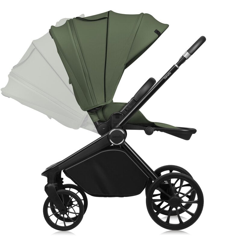 Carucior 3 in 1, Lionelo, Mika Plus, Cadru din aluminiu, Cu landou intarit si salteluta moale, Cu scoica auto testata ADAC, Reversibil, Cu sistem de ventilatie 3D, Cu accesorii, Pana la 22 kg, EN1888-1 EN1888-2 EN1466 ECE R129, Verde