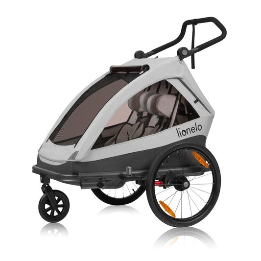 Carucior si remorca de bicicleta, Lionelo, Cama, Multifunctional, Pentru 1 sau 2 copii, Cu sistem de absorbtie a socurilor SIQ, Geamuri cu protectie solara, Gri