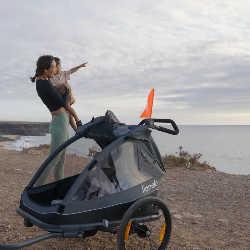 Carucior si remorca de bicicleta, Lionelo, Cama, Multifunctional, Pentru 1 sau 2 copii, Cu sistem de absorbtie a socurilor SIQ, Geamuri cu protectie solara, Gri