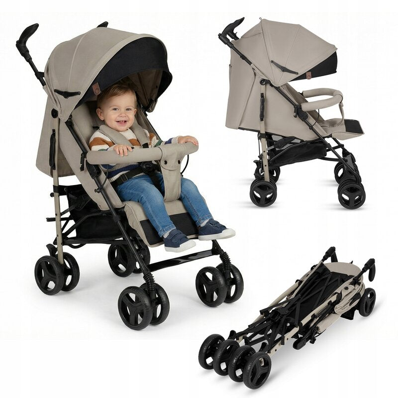 Carucior sport compact, Lionelo, Irma, Spatar ajustabil in 4 pozitii, Suport picioare reglabil, Manere rotative, Pliere tip umbrela, 6- 36 luni, Pana la 15 kg, Conform cu EN1888-1:2018, Bej