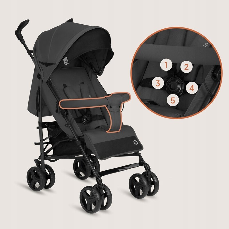 Carucior sport compact, Lionelo, Irma, Spatar ajustabil in 4 pozitii, Suport picioare reglabil, Manere rotative, Pliere tip umbrela, 6- 36 luni, Pana la 15 kg, Conform cu EN1888-1:2018, Gri inchis