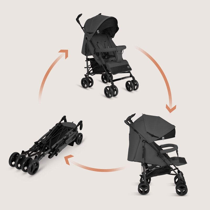 Carucior sport compact, Lionelo, Irma, Spatar ajustabil in 4 pozitii, Suport picioare reglabil, Manere rotative, Pliere tip umbrela, 6- 36 luni, Pana la 15 kg, Conform cu EN1888-1:2018, Gri inchis