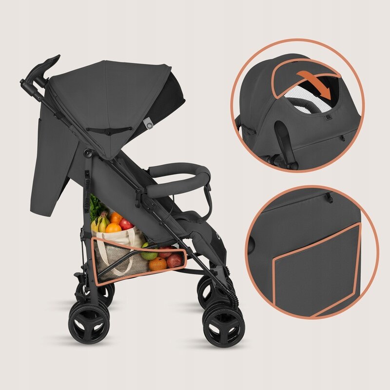 Carucior sport compact, Lionelo, Irma, Spatar ajustabil in 4 pozitii, Suport picioare reglabil, Manere rotative, Pliere tip umbrela, 6- 36 luni, Pana la 15 kg, Conform cu EN1888-1:2018, Gri inchis