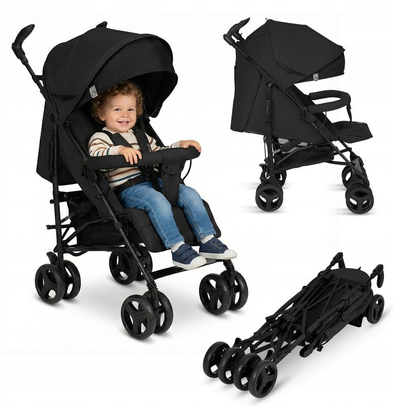 Carucior sport compact, Lionelo, Irma, Spatar ajustabil in 4 pozitii, Suport picioare reglabil, Manere rotative, Pliere tip umbrela, 6- 36 luni, Pana la 15 kg, Conform cu EN1888-1:2018, Negru Onyx