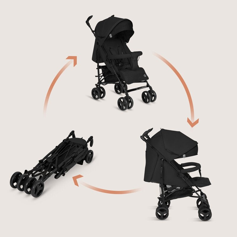Carucior sport compact, Lionelo, Irma, Spatar ajustabil in 4 pozitii, Suport picioare reglabil, Manere rotative, Pliere tip umbrela, 6- 36 luni, Pana la 15 kg, Conform cu EN1888-1:2018, Negru Onyx
