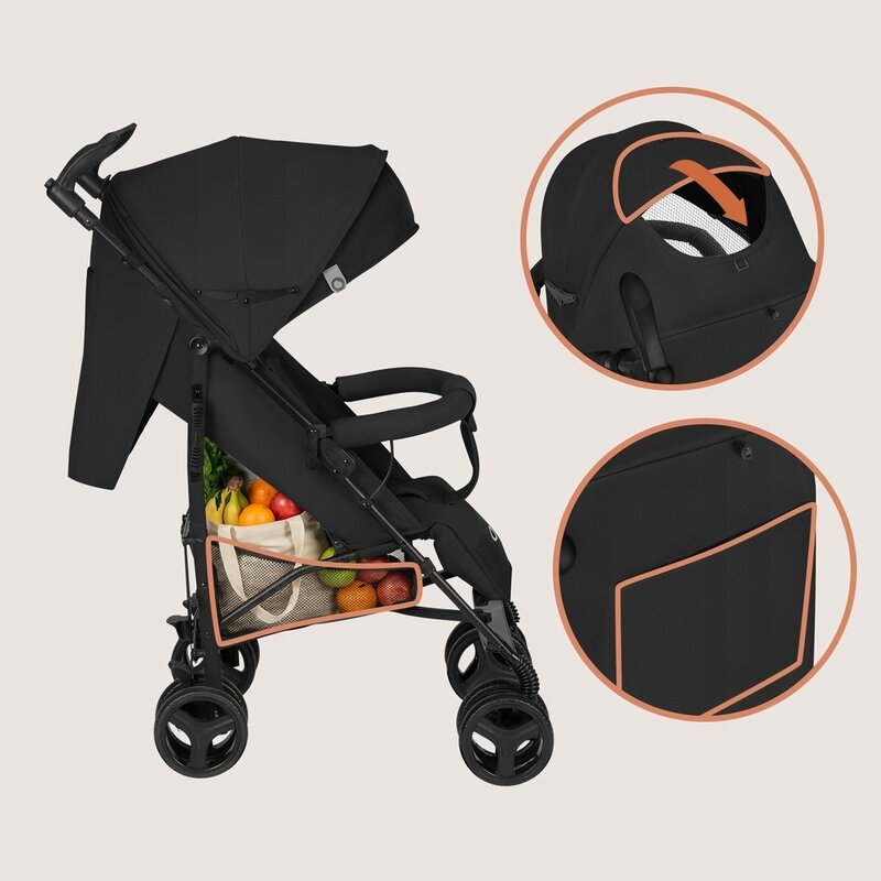 Carucior sport compact, Lionelo, Irma, Spatar ajustabil in 4 pozitii, Suport picioare reglabil, Manere rotative, Pliere tip umbrela, 6- 36 luni, Pana la 15 kg, Conform cu EN1888-1:2018, Negru Onyx