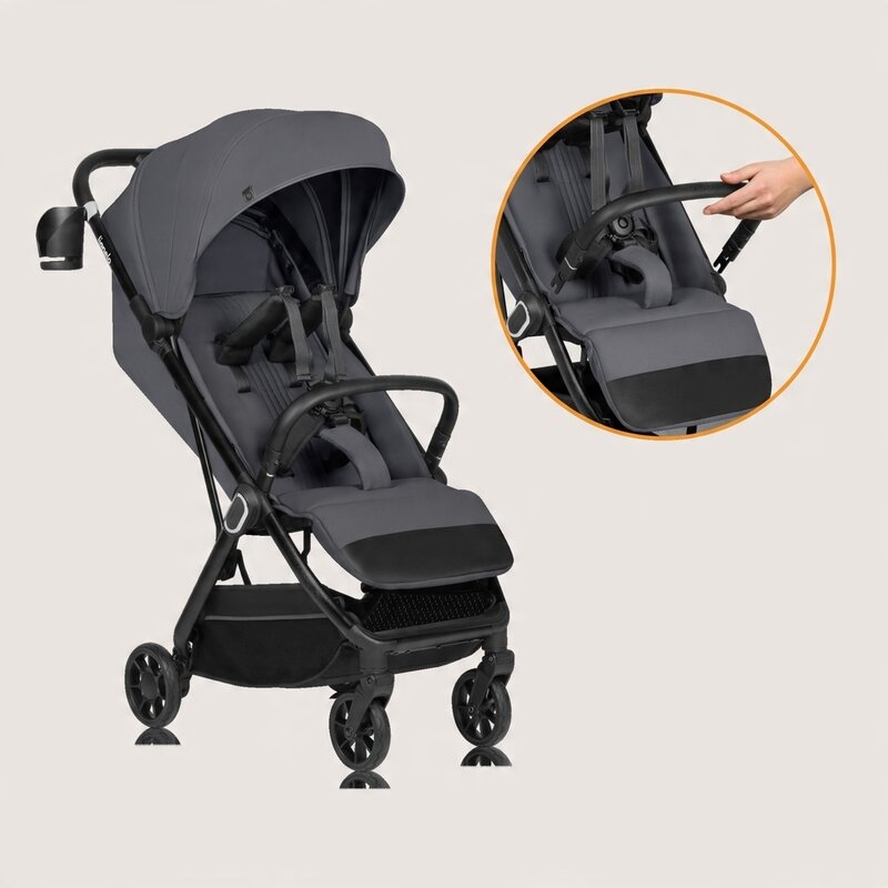 Carucior sport, Lionelo, Bess, Sustine 22 kg, 6 luni+, Capotina impermeabila si protectie SPF 50+, Include suport sticla, Pliere cu o singura mana, Maner pentru transport, Gri