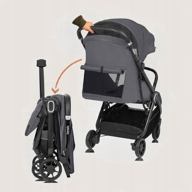 Carucior sport, Lionelo, Bess, Sustine 22 kg, 6 luni+, Capotina impermeabila si protectie SPF 50+, Include suport sticla, Pliere cu o singura mana, Maner pentru transport, Gri