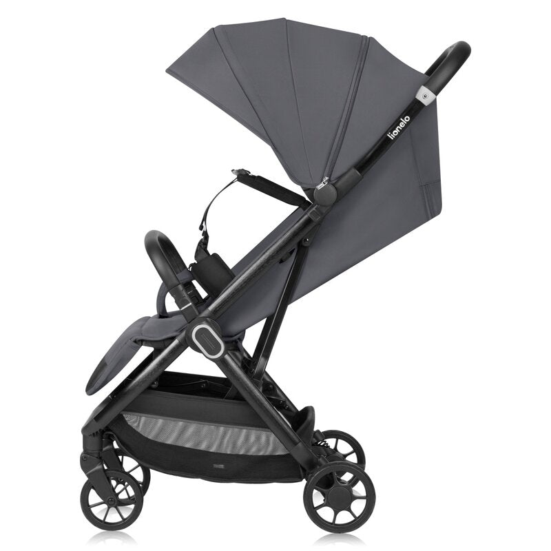 Carucior sport, Lionelo, Bess, Sustine 22 kg, 6 luni+, Capotina impermeabila si protectie SPF 50+, Include suport sticla, Pliere cu o singura mana, Maner pentru transport, Gri