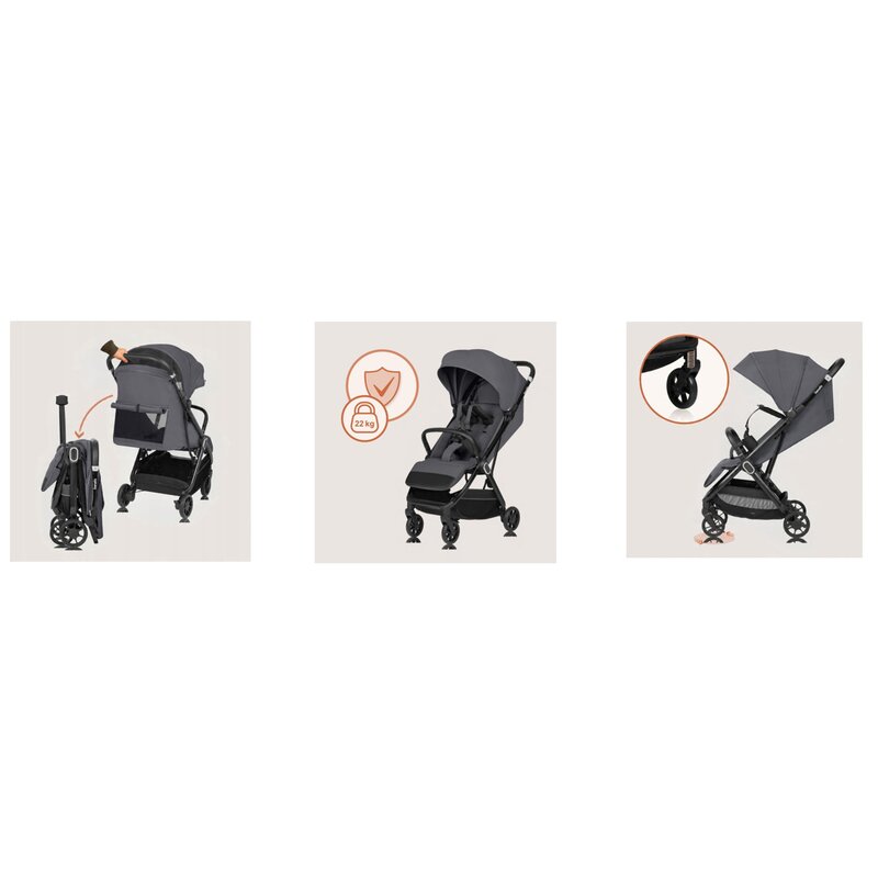 Carucior sport, Lionelo, Bess, Sustine 22 kg, 6 luni+, Capotina impermeabila si protectie SPF 50+, Include suport sticla, Pliere cu o singura mana, Maner pentru transport, Gri