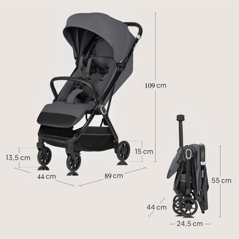 Carucior sport, Lionelo, Bess, Sustine 22 kg, 6 luni+, Capotina impermeabila si protectie SPF 50+, Include suport sticla, Pliere cu o singura mana, Maner pentru transport, Gri