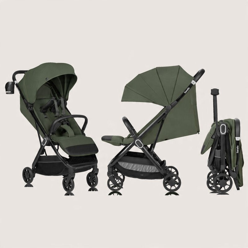 Carucior sport, Lionelo, Bess, Sustine 22 kg, 6 luni+, Capotina impermeabila si protectie SPF 50+, Include suport sticla, Pliere cu o singura mana, Maner pentru transport, Verde