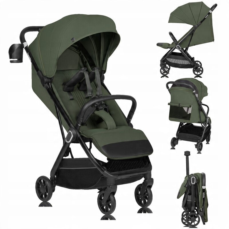 Carucior sport, Lionelo, Bess, Sustine 22 kg, 6 luni+, Capotina impermeabila si protectie SPF 50+, Include suport sticla, Pliere cu o singura mana, Maner pentru transport, Verde