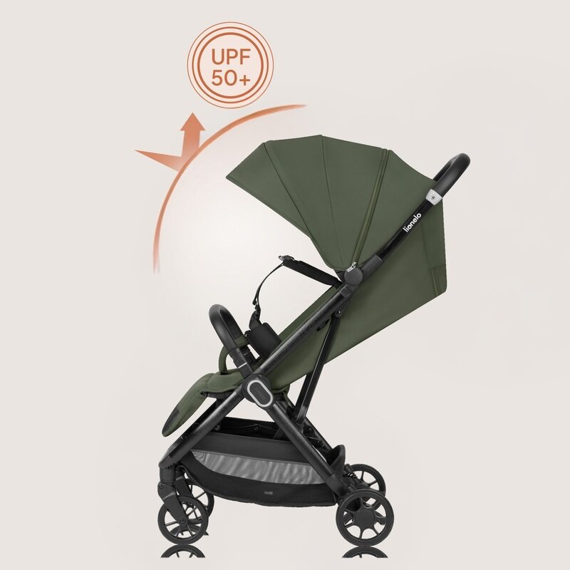 Carucior sport, Lionelo, Bess, Sustine 22 kg, 6 luni+, Capotina impermeabila si protectie SPF 50+, Include suport sticla, Pliere cu o singura mana, Maner pentru transport, Verde