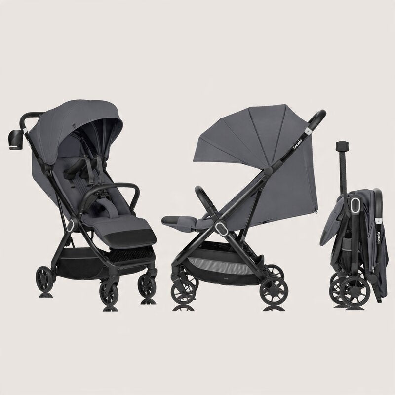 Carucior sport, Lionelo, Bess, Sustine 22 kg, 6 luni+, Capotina impermeabila si protectie SPF 50+, Include suport sticla, Pliere cu o singura mana, Maner pentru transport, Gri