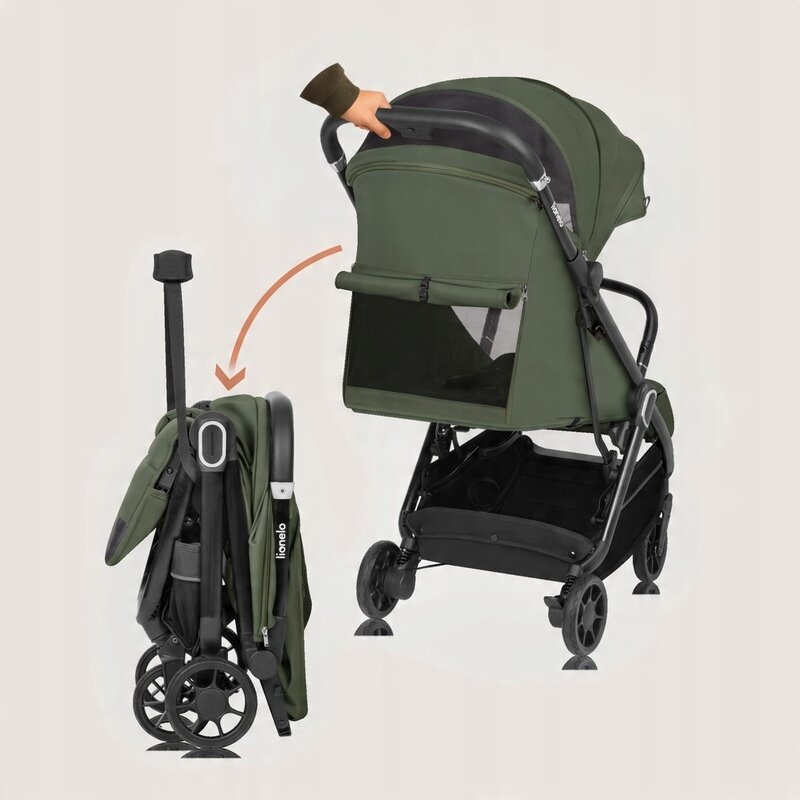 Carucior sport, Lionelo, Bess, Sustine 22 kg, 6 luni+, Capotina impermeabila si protectie SPF 50+, Include suport sticla, Pliere cu o singura mana, Maner pentru transport, Verde