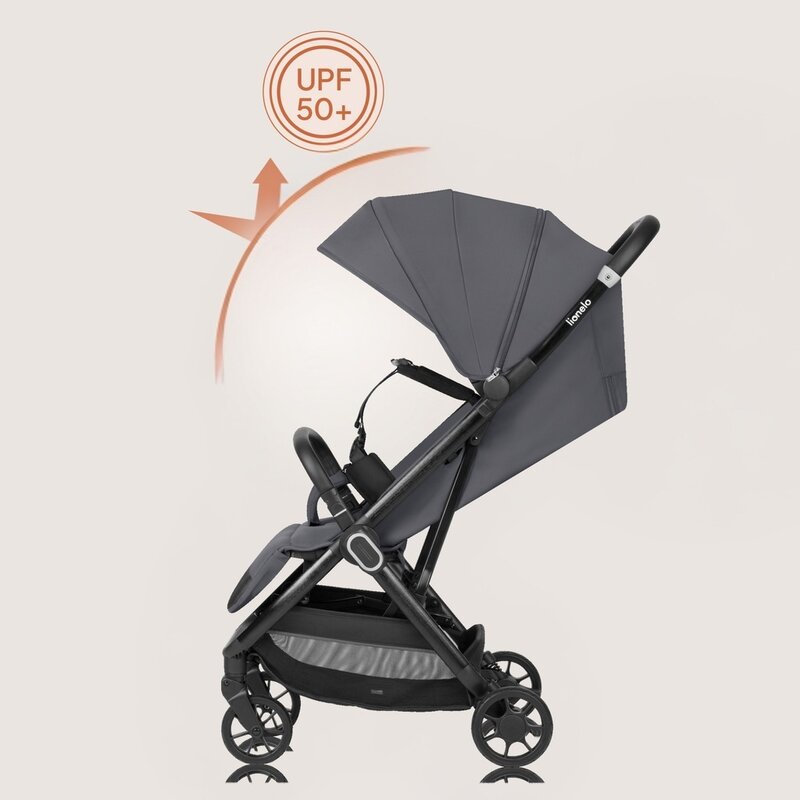 Carucior sport, Lionelo, Bess, Sustine 22 kg, 6 luni+, Capotina impermeabila si protectie SPF 50+, Include suport sticla, Pliere cu o singura mana, Maner pentru transport, Gri
