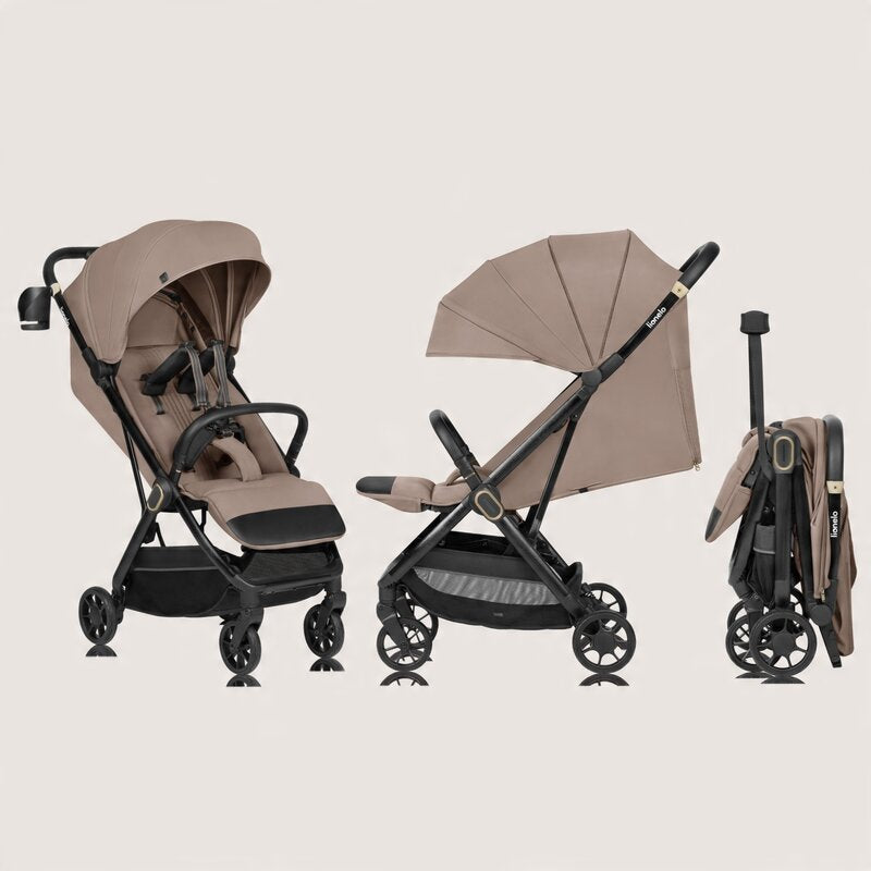 Carucior sport, Lionelo, Bess, Sustine 22 kg, 6 luni+, Capotina impermeabila si protectie SPF 50+, Include suport sticla, Pliere cu o singura mana, Maner pentru transport, Bej