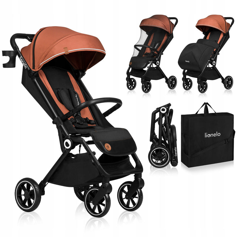 Carucior sport, Lionelo, Cloe, Cu accesorii, Cadru din aluminiu, Pana la 22 kg, Usor, Pliere compacta pentru avion, cu o singura mana, Ideal pentru toate tipurile de suprafete, 6 luni+, Maro
