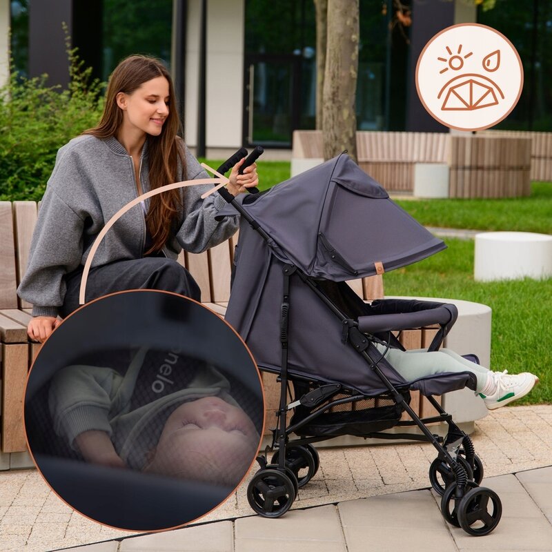 Carucior sport, Lionelo, Elia, Cu plasa de tantari, Suport de picioare reglabil, Spatar ajustabil in 4 pozitii, Capotina XXL, Pliere tip umbrela, Capacitate 15 kg, 6 luni+, EN 1888, Bej Taupe