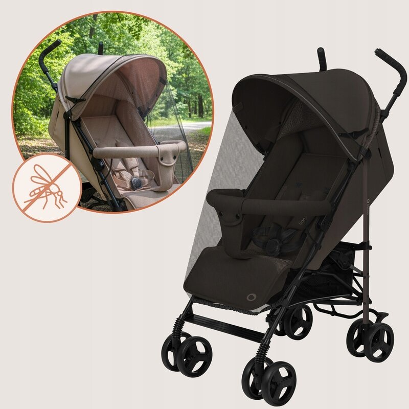 Carucior sport, Lionelo, Elia, Cu plasa de tantari, Suport de picioare reglabil, Spatar ajustabil in 4 pozitii, Capotina XXL, Pliere tip umbrela, Capacitate 15 kg, 6 luni+, EN 1888, Maro