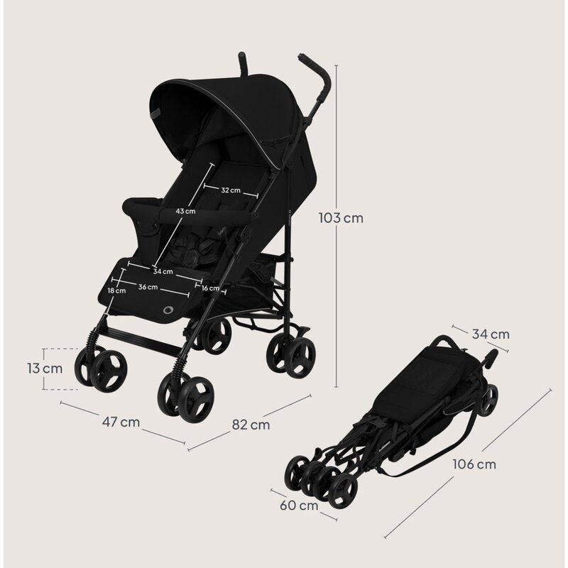 Carucior sport, Lionelo, Elia, Cu plasa de tantari, Suport de picioare reglabil, Spatar ajustabil in 4 pozitii, Capotina XXL, Pliere tip umbrela, Capacitate 15 kg, 6 luni+, EN 1888, Negru