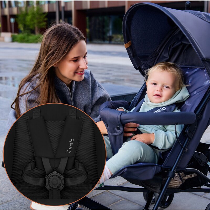 Carucior sport, Lionelo, Elia, Cu plasa de tantari, Suport de picioare reglabil, Spatar ajustabil in 4 pozitii, Capotina XXL, Pliere tip umbrela, Capacitate 15 kg, 6 luni+, EN 1888, Negru