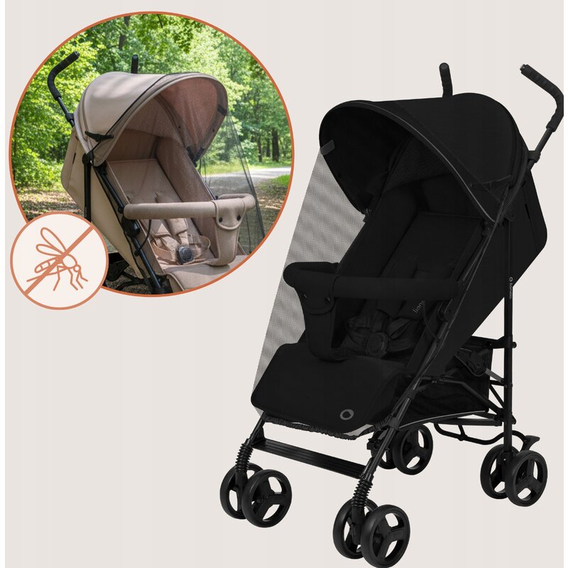 Carucior sport, Lionelo, Elia, Cu plasa de tantari, Suport de picioare reglabil, Spatar ajustabil in 4 pozitii, Capotina XXL, Pliere tip umbrela, Capacitate 15 kg, 6 luni+, EN 1888, Negru