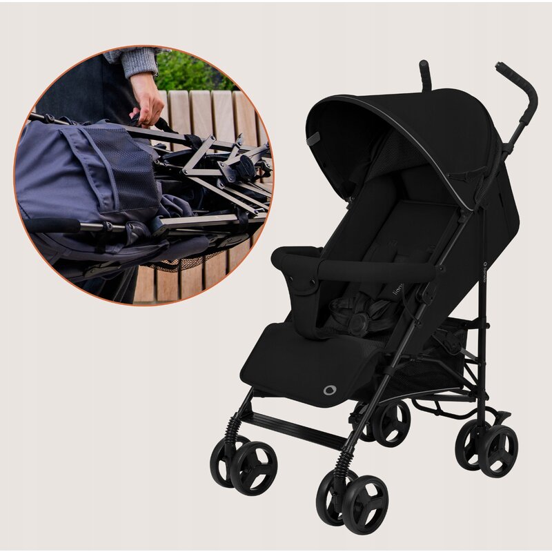 Carucior sport, Lionelo, Elia, Cu plasa de tantari, Suport de picioare reglabil, Spatar ajustabil in 4 pozitii, Capotina XXL, Pliere tip umbrela, Capacitate 15 kg, 6 luni+, EN 1888, Negru