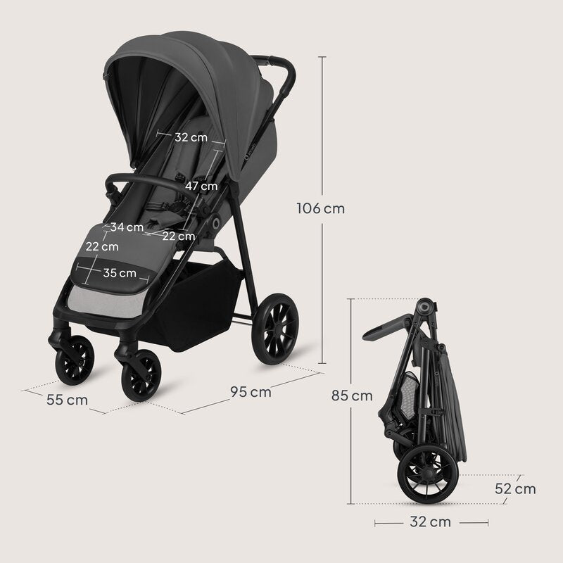 Carucior sport, Lionelo, Emerald, Pliere cu o mana, Copertina XXL UPF50+, Spatar reglabil, Suspensie completa, Roti EVA, 6- 48 luni, Pana la 22 kg, Gri