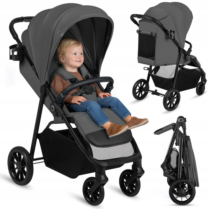 Carucior sport, Lionelo, Emerald, Pliere cu o mana, Copertina XXL UPF50+, Spatar reglabil, Suspensie completa, Roti EVA, 6- 48 luni, Pana la 22 kg, Gri