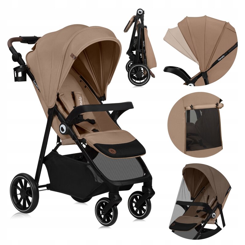 Carucior sport, Lionelo, Emma One, Cu tavita, Suport pahar, Plasa de tantari, Roti EVA, Maner reglabil, Pana la 22 kg, 6 luni+, Conform cu EN1888-1, Bej