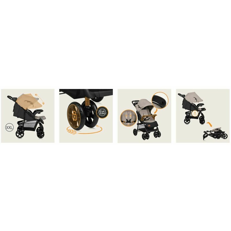 Carucior sport, Lionelo, Emma Plus, Cu tavita, 2 Suporturi pentru pahar, Geanta accesorii, Conform cu standardul european de securitate EN1888-1, Bej