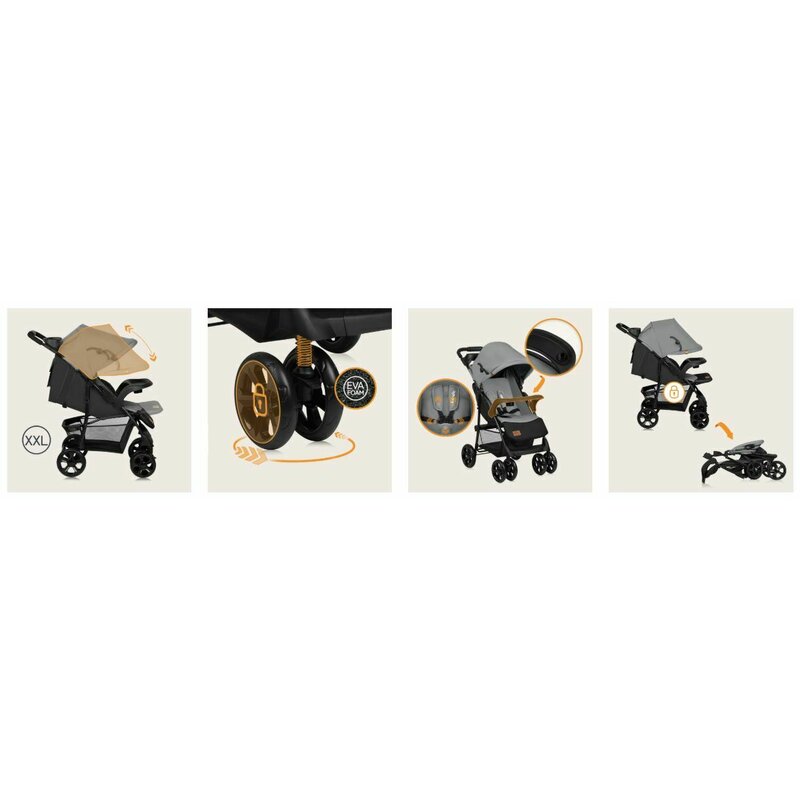 Carucior sport, Lionelo, Emma Plus, Cu tavita, 2 Suporturi pentru pahar, Geanta accesorii, Conform cu standardul european de securitate EN1888-1, Gri