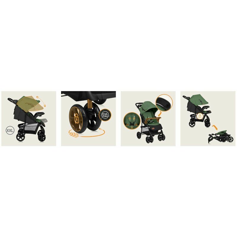 Carucior sport, Lionelo, Emma Plus, Cu tavita, 2 Suporturi pentru pahar, Geanta accesorii, Conform cu standardul european de securitate EN1888-1, Verde