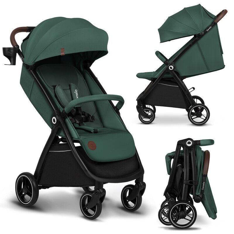 Carucior sport, Lionelo, Ingrid, Capotina impermeabila cu filtru UPF50+, Pana la 22 Kg, Spatar reglabil in 3 pozitii, Include suport pahar si plasa de tantari, Sistem pentru pliere automata, 6 luni+, Verde
