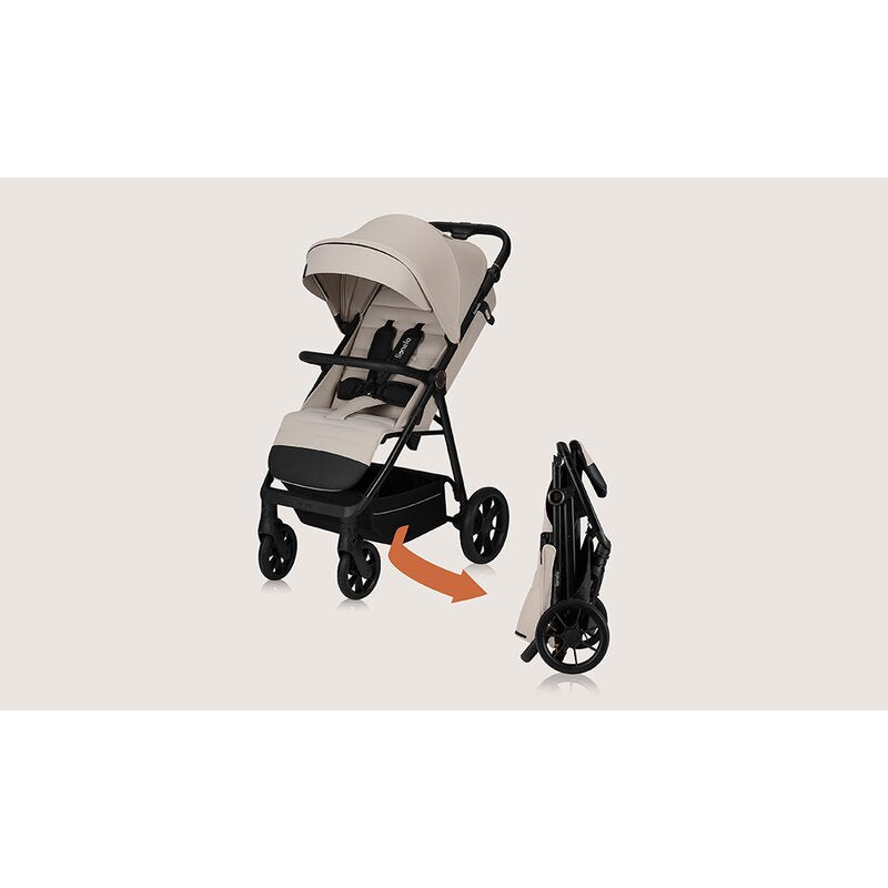 Carucior sport, Lionelo, Iva, Sustine 22 kg, 6 luni+, Capotina mare, Impermeabila, Protectie SPF 50+, 3 pozitii inclinare spatar, 8 pozitii inclinare suport picioare, 5 pozitii reglare maner, Include plasa de tantari si suport pentru biberon, Bej