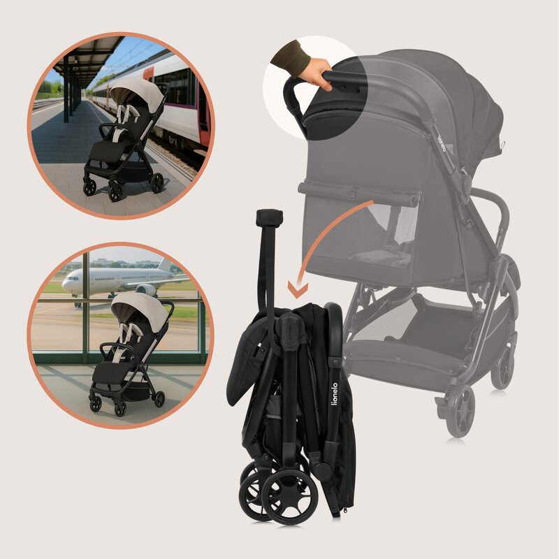 Carucior sport, Lionelo, Julie Air, Greutate redusa - 7.5 kg, Sustine 22 kg, 6 luni+, Capotina impermeabila, Protectie SPF 50+, Include suport sticla, Pliere compacta pentru calatorii, Conform cu EN1888-1 si EN1888-2, Negu Onyx
