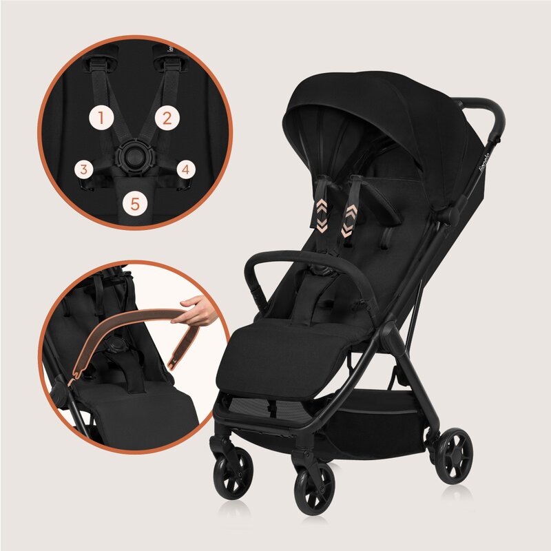 Carucior sport, Lionelo, Julie Air, Greutate redusa - 7.5 kg, Sustine 22 kg, 6 luni+, Capotina impermeabila, Protectie SPF 50+, Include suport sticla, Pliere compacta pentru calatorii, Conform cu EN1888-1 si EN1888-2, Negu Onyx
