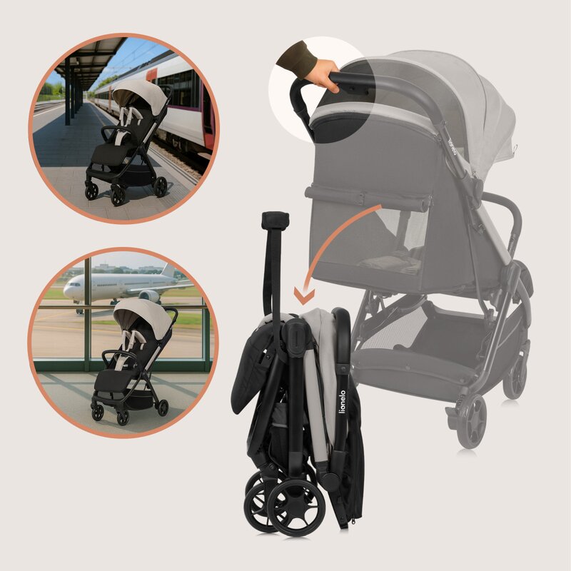 Carucior sport, Lionelo, Julie Air, Greutate redusa - 7.5 kg, Sustine 22 kg, 6 luni+, Capotina impermeabila, Protectie SPF 50+, Include suport sticla, Pliere compacta pentru calatorii, Conform cu EN1888-1 si EN1888-2, Bej
