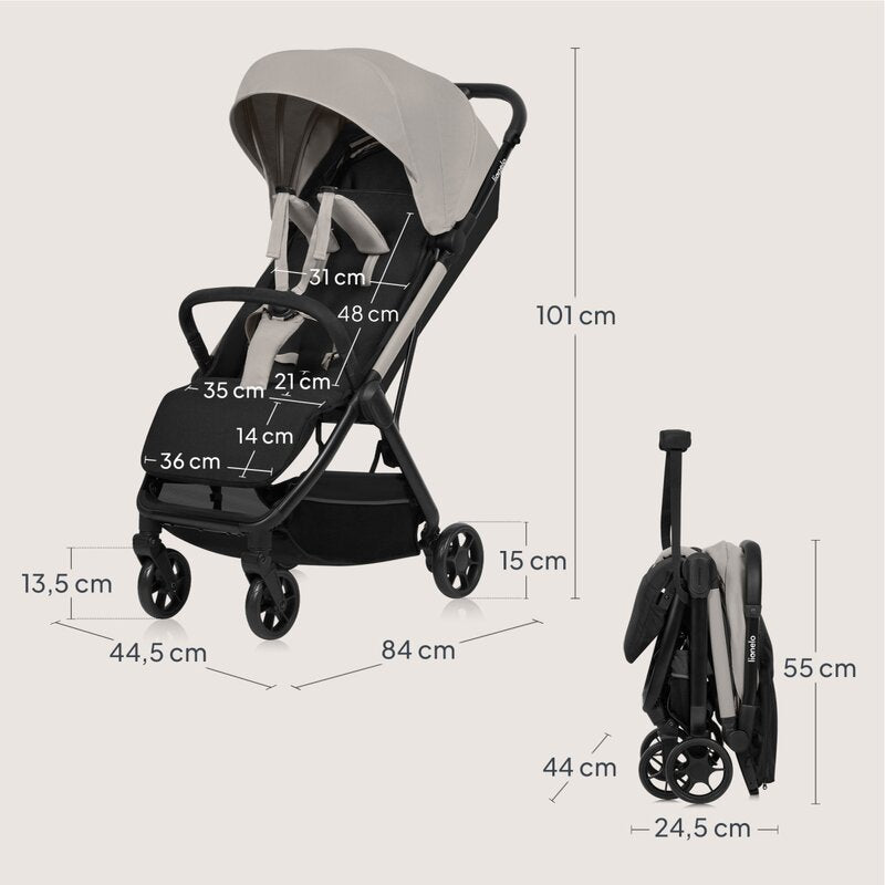 Carucior sport, Lionelo, Julie Air, Greutate redusa - 7.5 kg, Sustine 22 kg, 6 luni+, Capotina impermeabila, Protectie SPF 50+, Include suport sticla, Pliere compacta pentru calatorii, Conform cu EN1888-1 si EN1888-2, Bej