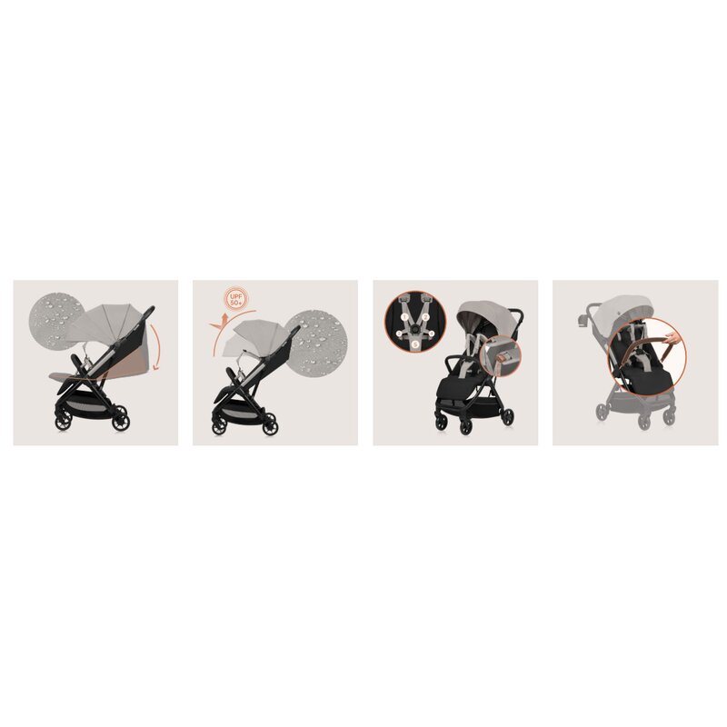 Carucior sport, Lionelo, Julie Air, Greutate redusa - 7.5 kg, Sustine 22 kg, 6 luni+, Capotina impermeabila, Protectie SPF 50+, Include suport sticla, Pliere compacta pentru calatorii, Conform cu EN1888-1 si EN1888-2, Bej