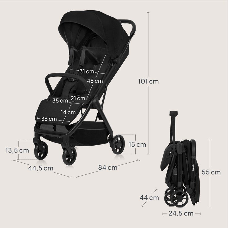 Carucior sport, Lionelo, Julie Air, Greutate redusa - 7.5 kg, Sustine 22 kg, 6 luni+, Capotina impermeabila, Protectie SPF 50+, Include suport sticla, Pliere compacta pentru calatorii, Conform cu EN1888-1 si EN1888-2, Negu Onyx