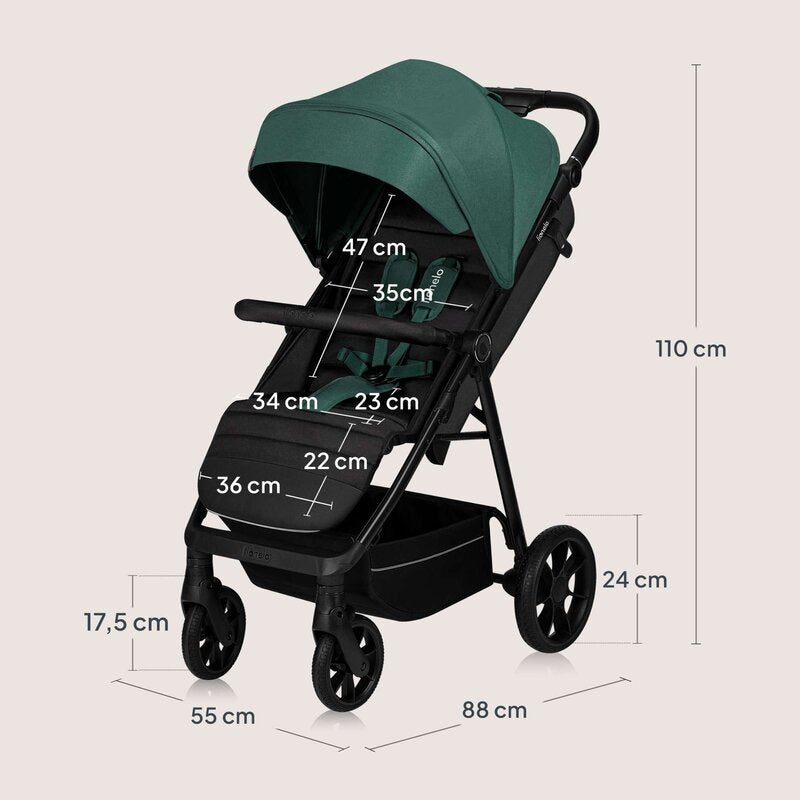 Carucior sport, Lionelo, Mira, Maner reglabil in 5 pozitii, Spatar si suport de picioare reglabile, Plasa de tantari si suport biberon incluse, Pana la 22 kg, 6 luni+, Conform cu EN1888-1, EN1888-2, Testare SGS, Verde