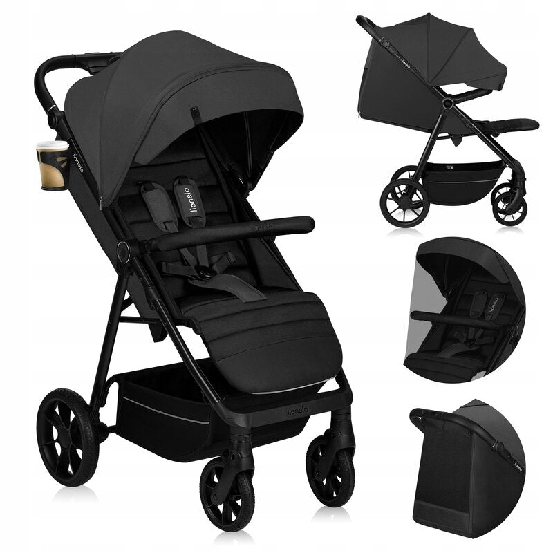 Carucior sport, Lionelo, Mira, Maner reglabil in 5 pozitii, Spatar si suport de picioare reglabile, Plasa de tantari si suport biberon incluse, Pana la 22 kg, 6 luni+, Conform cu EN1888-1, EN1888-2, Testare SGS, Gri