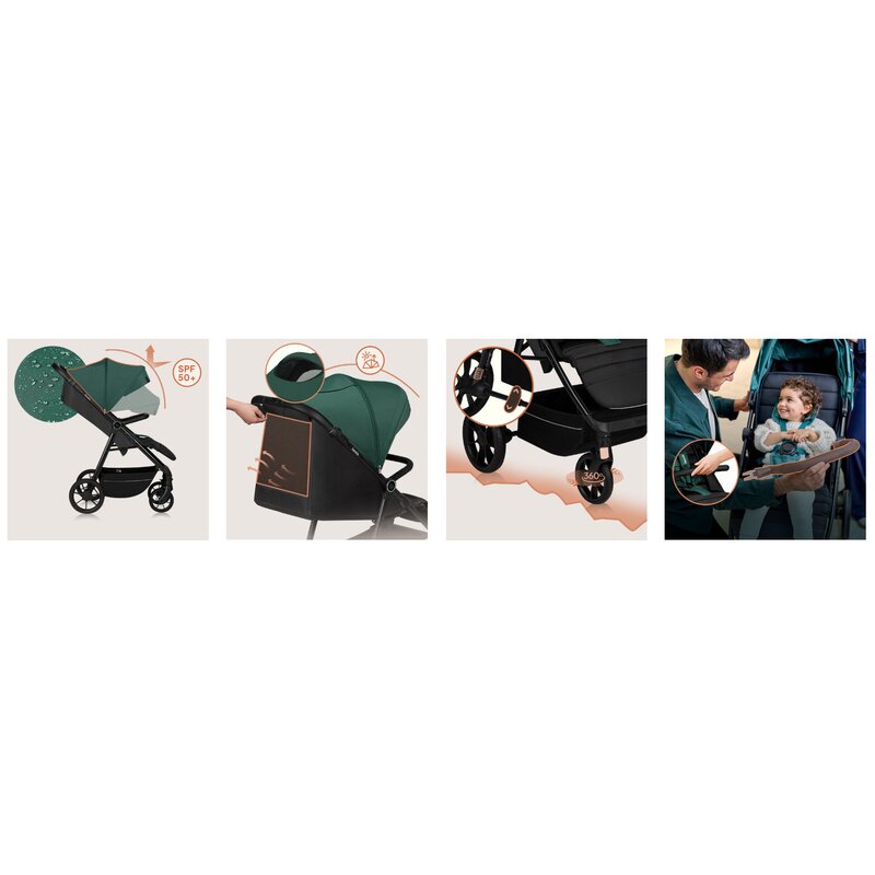 Carucior sport, Lionelo, Mira, Maner reglabil in 5 pozitii, Spatar si suport de picioare reglabile, Plasa de tantari si suport biberon incluse, Pana la 22 kg, 6 luni+, Conform cu EN1888-1, EN1888-2, Testare SGS, Verde