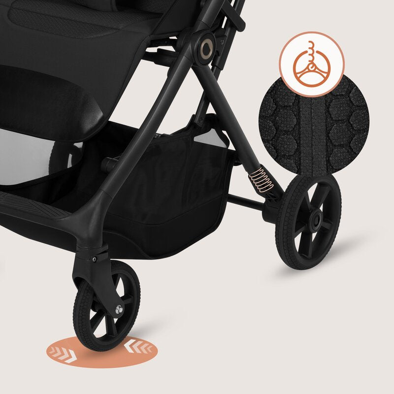 Carucior sport, Lionelo, Tansi, Pliere automata, Ultracompact, Manevrare cu o mana, Roti cu tehnologie GravelTech, Spatar si suport picioare reglabile, 6-48 luni, Sustine 22 kg, Negru
