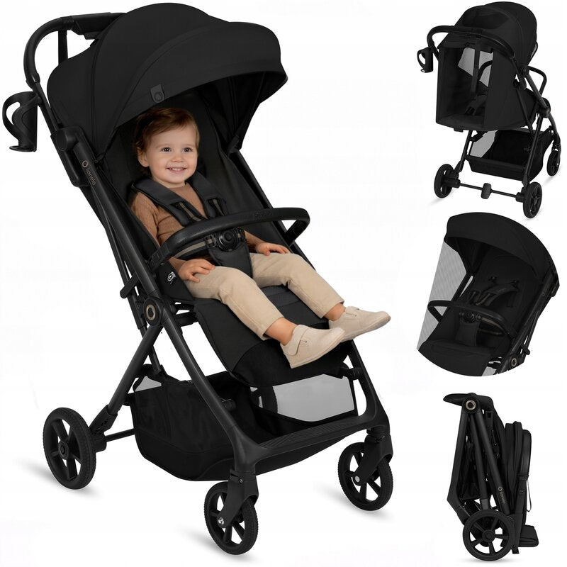 Carucior sport, Lionelo, Tansi, Pliere automata, Ultracompact, Manevrare cu o mana, Roti cu tehnologie GravelTech, Spatar si suport picioare reglabile, 6-48 luni, Sustine 22 kg, Negru