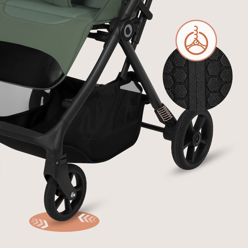 Carucior sport, Lionelo, Tansi, Pliere automata, Ultracompact, Manevrare cu o mana, Roti cu tehnologie GravelTech, Spatar si suport picioare reglabile, 6-48 luni, Sustine 22 kg, Verde
